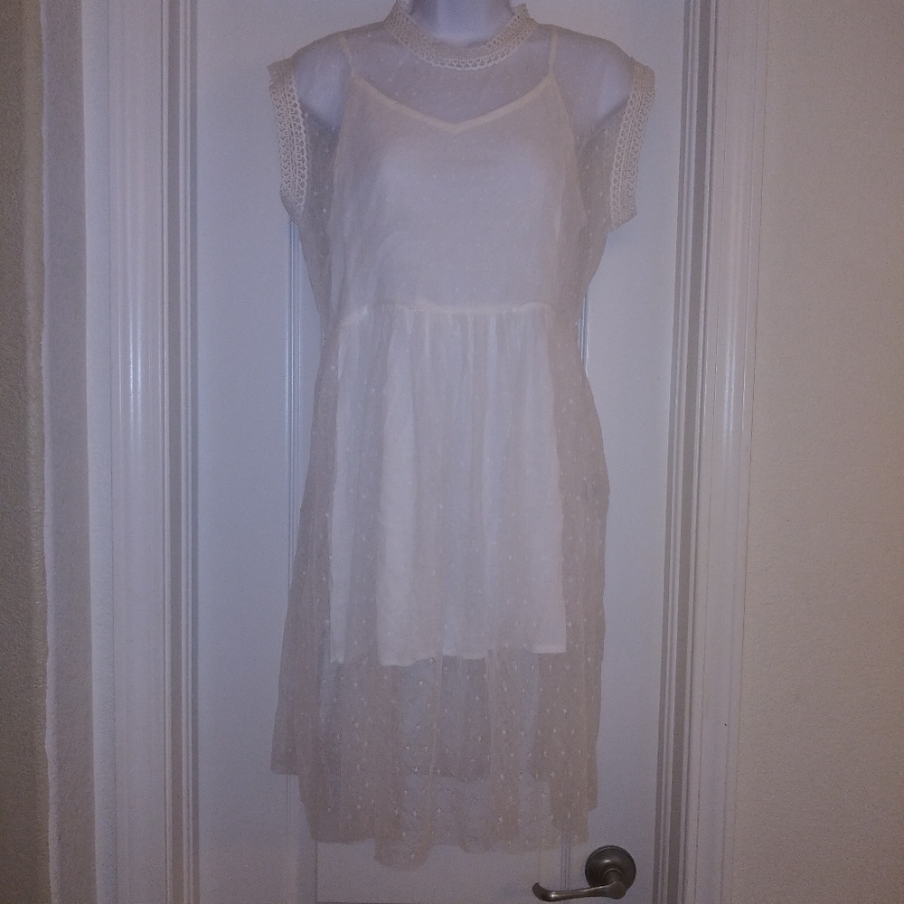 POL Polka Dot Lace Mesh Midi Ivory Dress